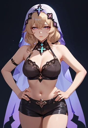 star rail,black swan,leather,shorts,crop top  - AI generated anime art